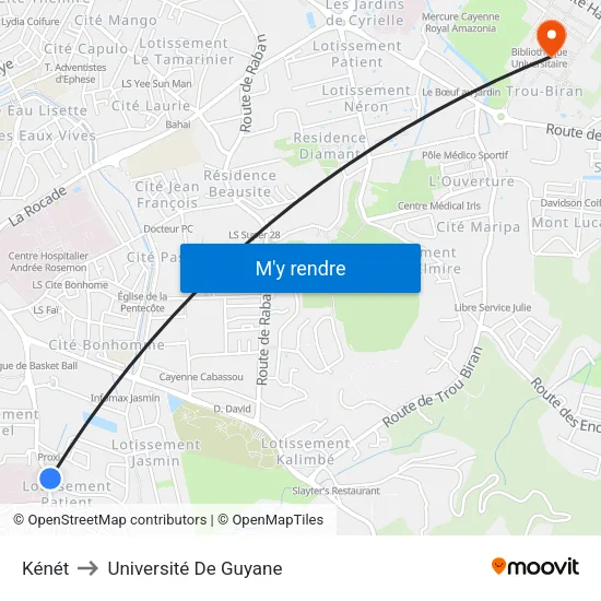 Kénét to Université De Guyane map