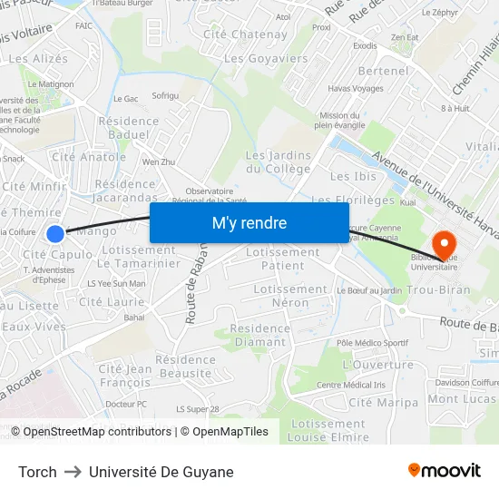 Torch to Université De Guyane map