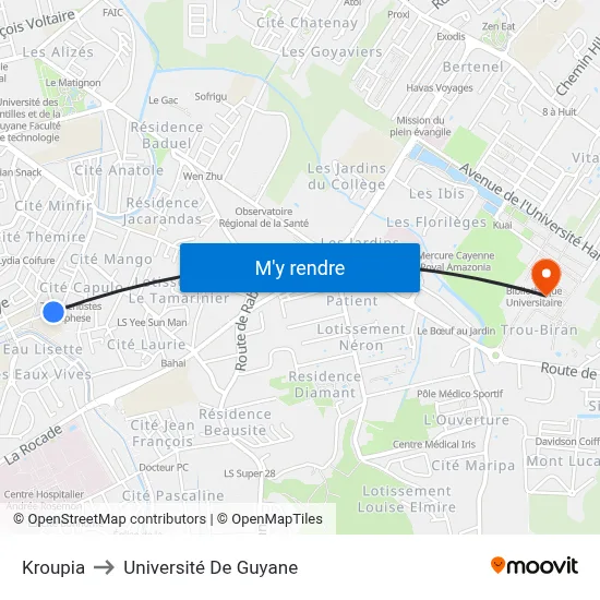 Kroupia to Université De Guyane map
