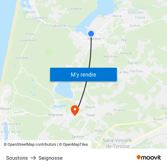 Soustons to Seignosse map