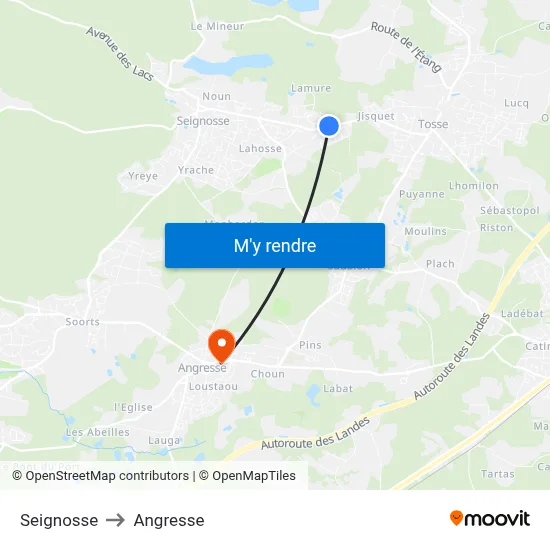 Seignosse to Angresse map