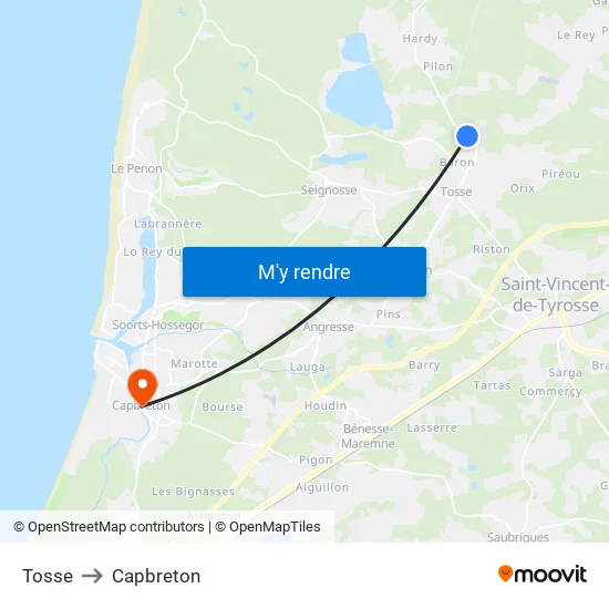 Tosse to Capbreton map