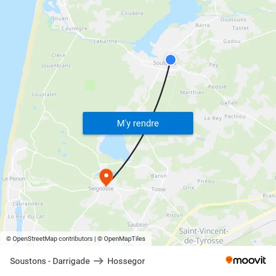 Soustons - Darrigade to Hossegor map