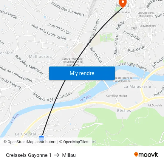 Creissels Gayonne 1 to Millau map