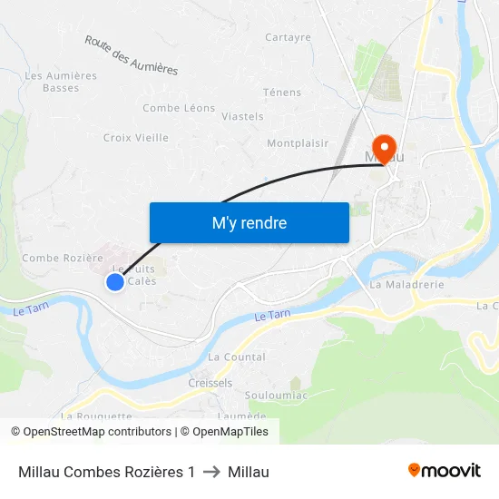 Millau Combes Rozières 1 to Millau map