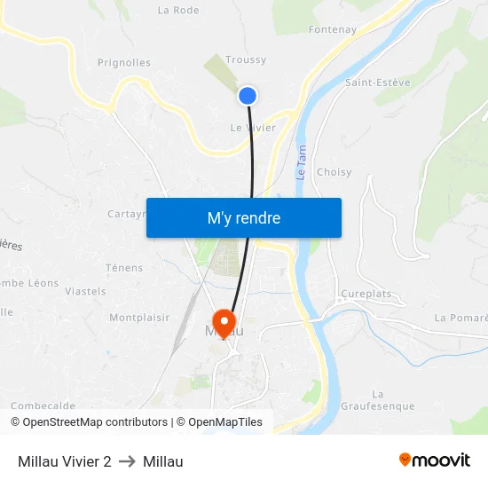Millau Vivier 2 to Millau map