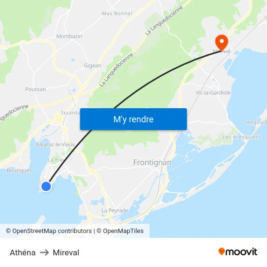 Athéna to Mireval map