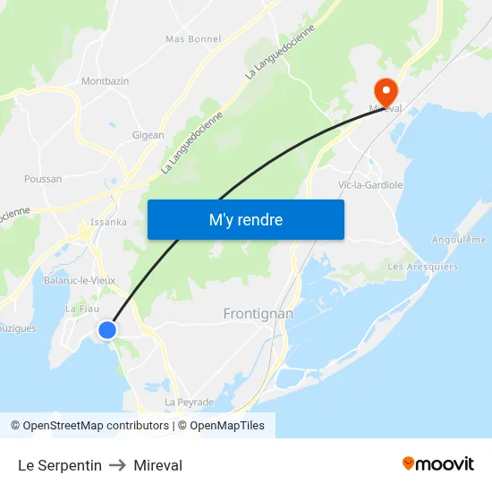 Le Serpentin to Mireval map