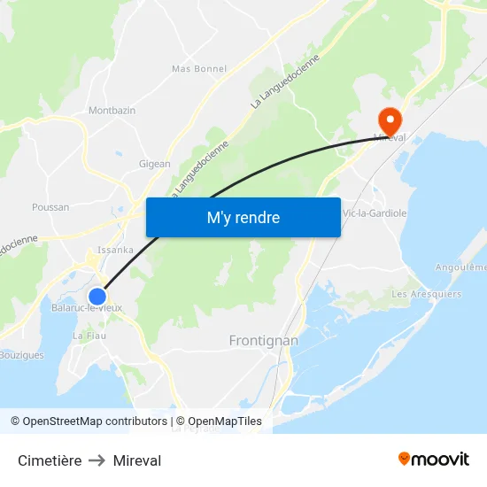 Cimetière to Mireval map