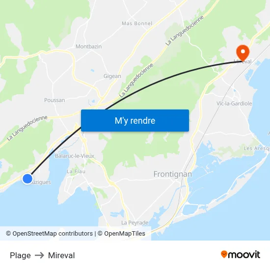 Plage to Mireval map