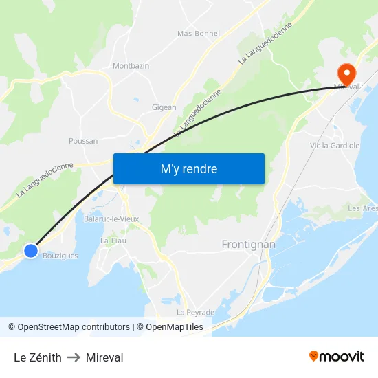 Le Zénith to Mireval map