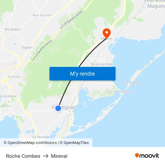 Roche Combes to Mireval map