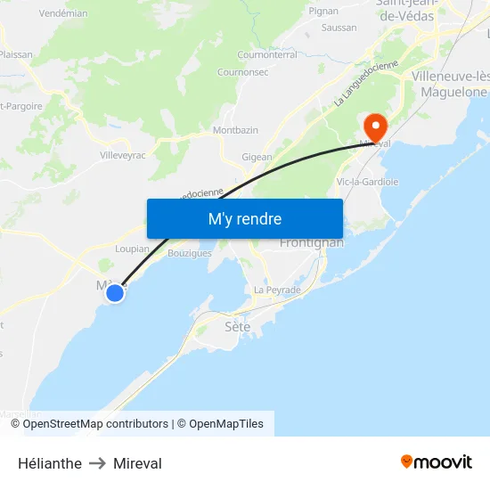 Hélianthe to Mireval map