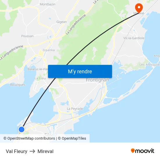 Val Fleury to Mireval map