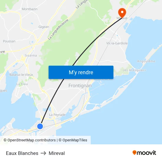 Eaux Blanches to Mireval map