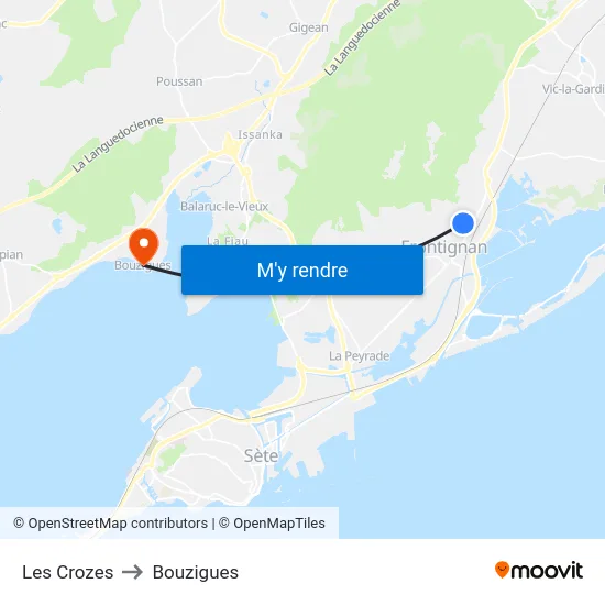 Les Crozes to Bouzigues map