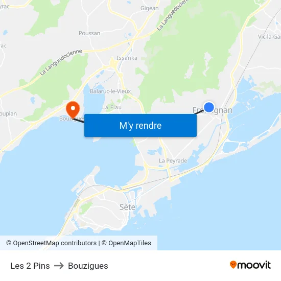 Les 2 Pins to Bouzigues map