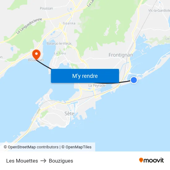 Les Mouettes to Bouzigues map