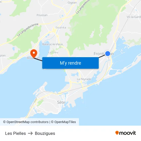 Les Pielles to Bouzigues map