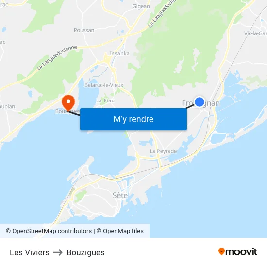 Les Viviers to Bouzigues map