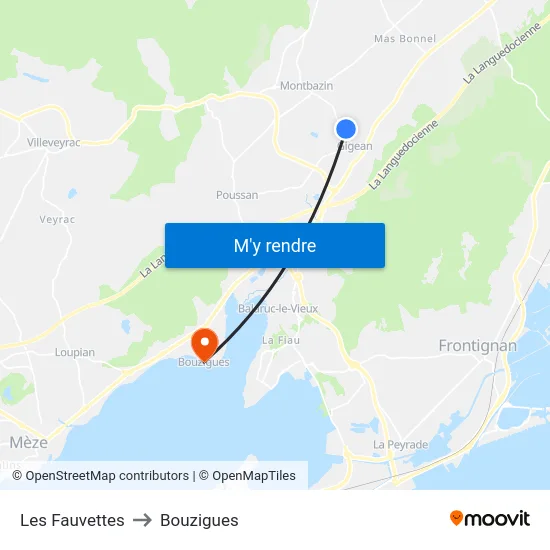 Les Fauvettes to Bouzigues map