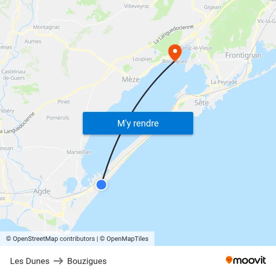Les Dunes to Bouzigues map