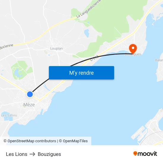 Les Lions to Bouzigues map