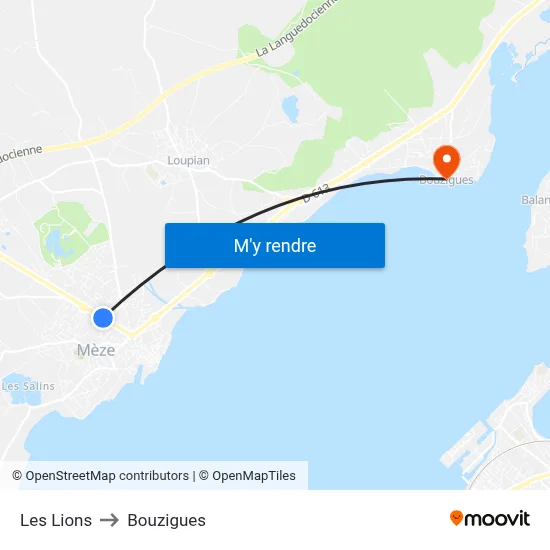 Les Lions to Bouzigues map