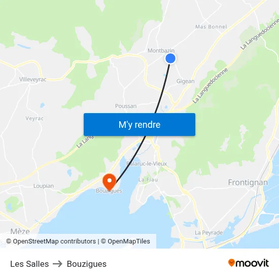 Les Salles to Bouzigues map