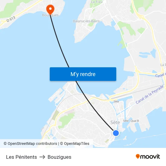 Les Pénitents to Bouzigues map
