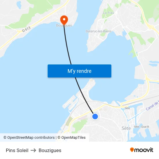 Pins Soleil to Bouzigues map