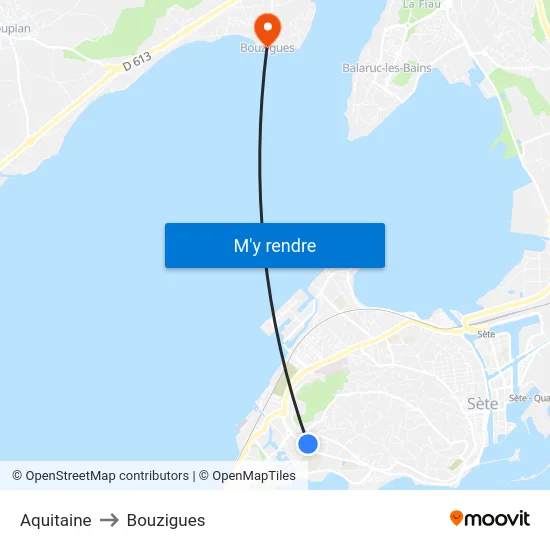 Aquitaine to Bouzigues map