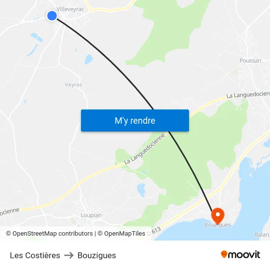 Les Costières to Bouzigues map
