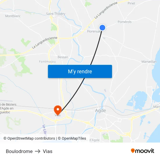 Boulodrome to Vias map