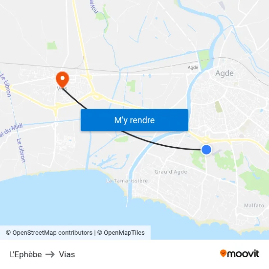 L'Ephèbe to Vias map