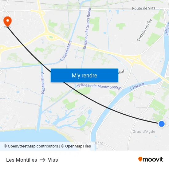 Les Montilles to Vias map