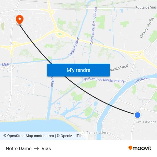 Notre Dame to Vias map