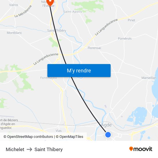 Michelet to Saint Thibery map