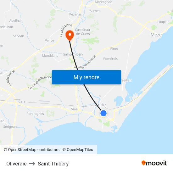 Oliveraie to Saint Thibery map
