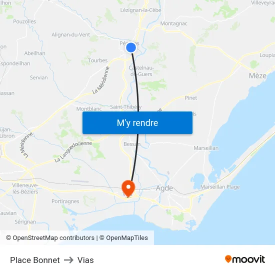 Place Bonnet to Vias map