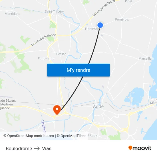 Boulodrome to Vias map