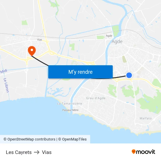 Les Cayrets to Vias map