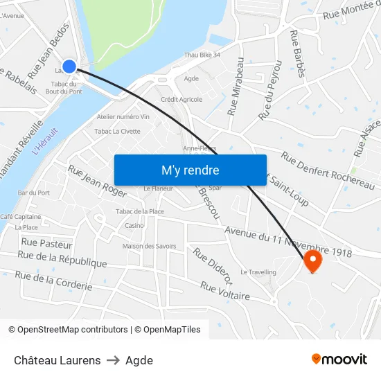 Château Laurens to Agde map
