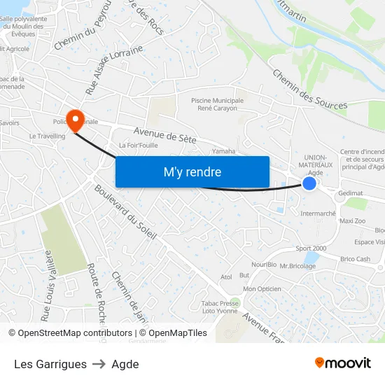 Les Garrigues to Agde map