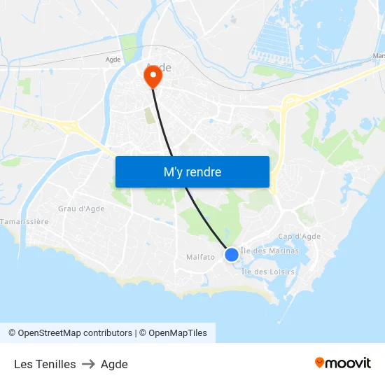 Les Tenilles to Agde map