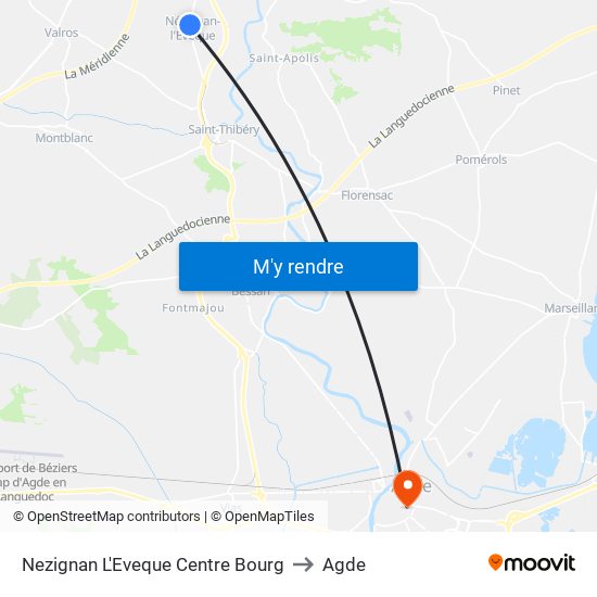 Nezignan L'Eveque Centre Bourg to Agde map