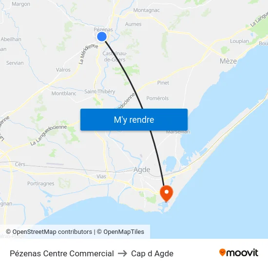 Pézenas Centre Commercial to Cap d Agde map