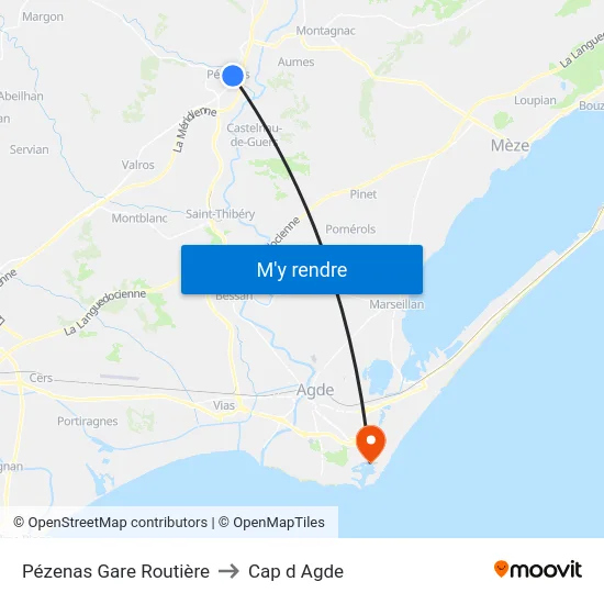 Pézenas Gare Routière to Cap d Agde map
