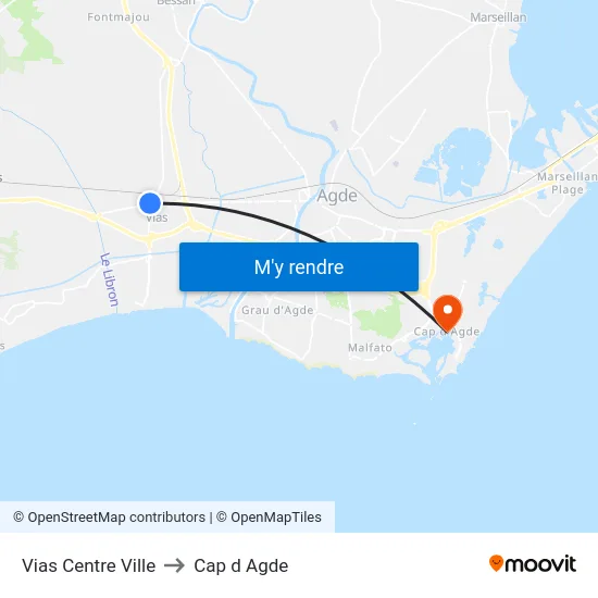 Vias Centre Ville to Cap d Agde map