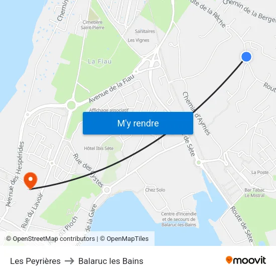 Les Peyrières to Balaruc les Bains map